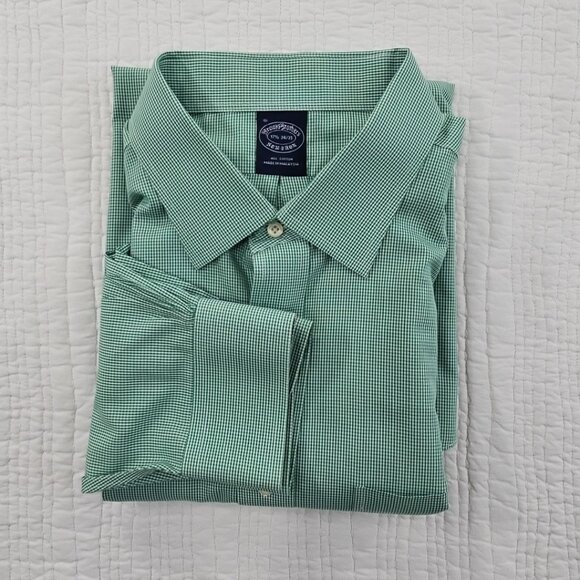 Brooks Brothers Shirt Size 17 1/2 x 34/35 Green Check Spread Collar EUC Non-Iron - Picture 14 of 15